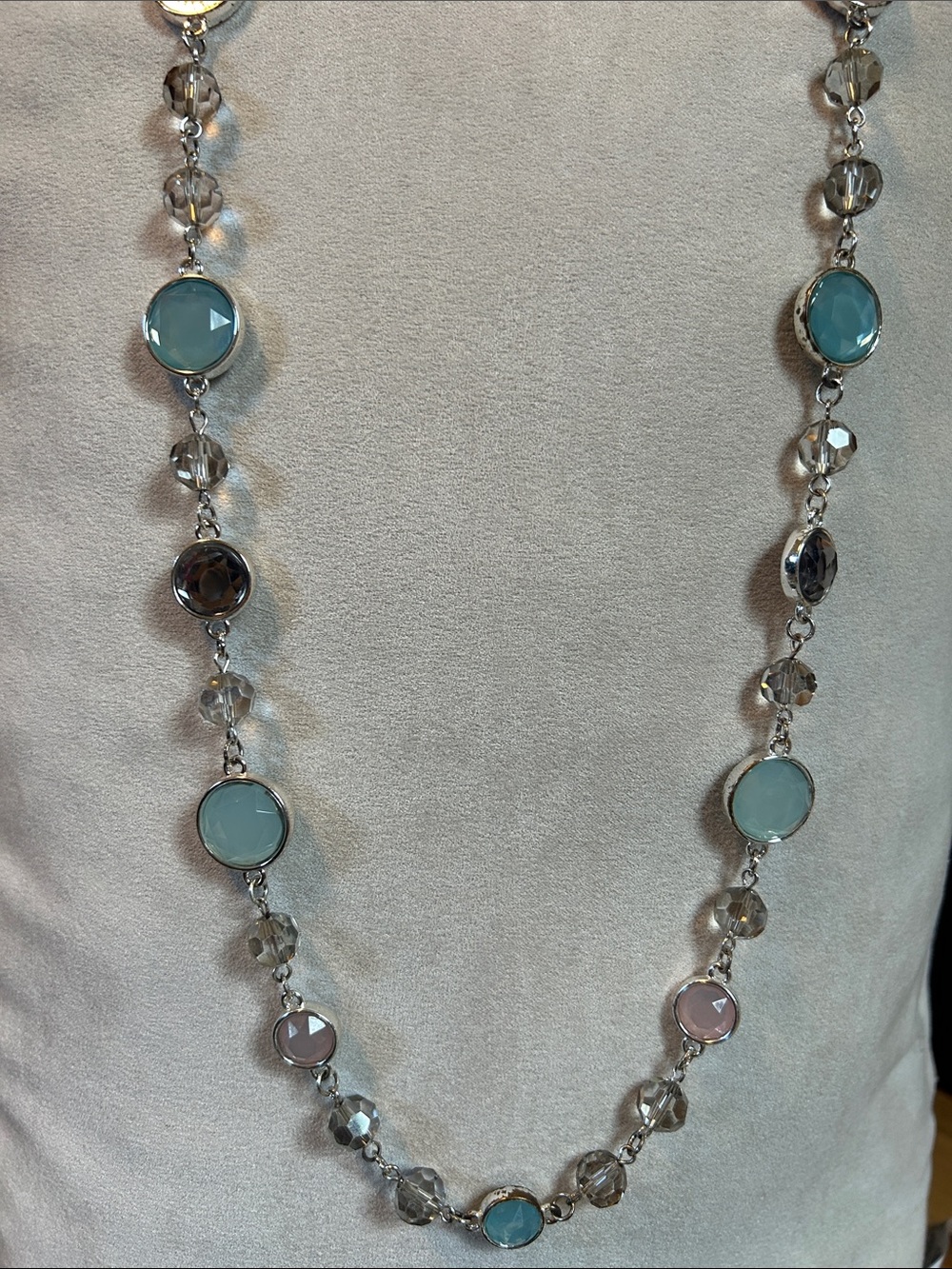 Lia Sophia Silver-Tone Bezel Necklace with Pale Blue, Peach, and Gray Gemstones
